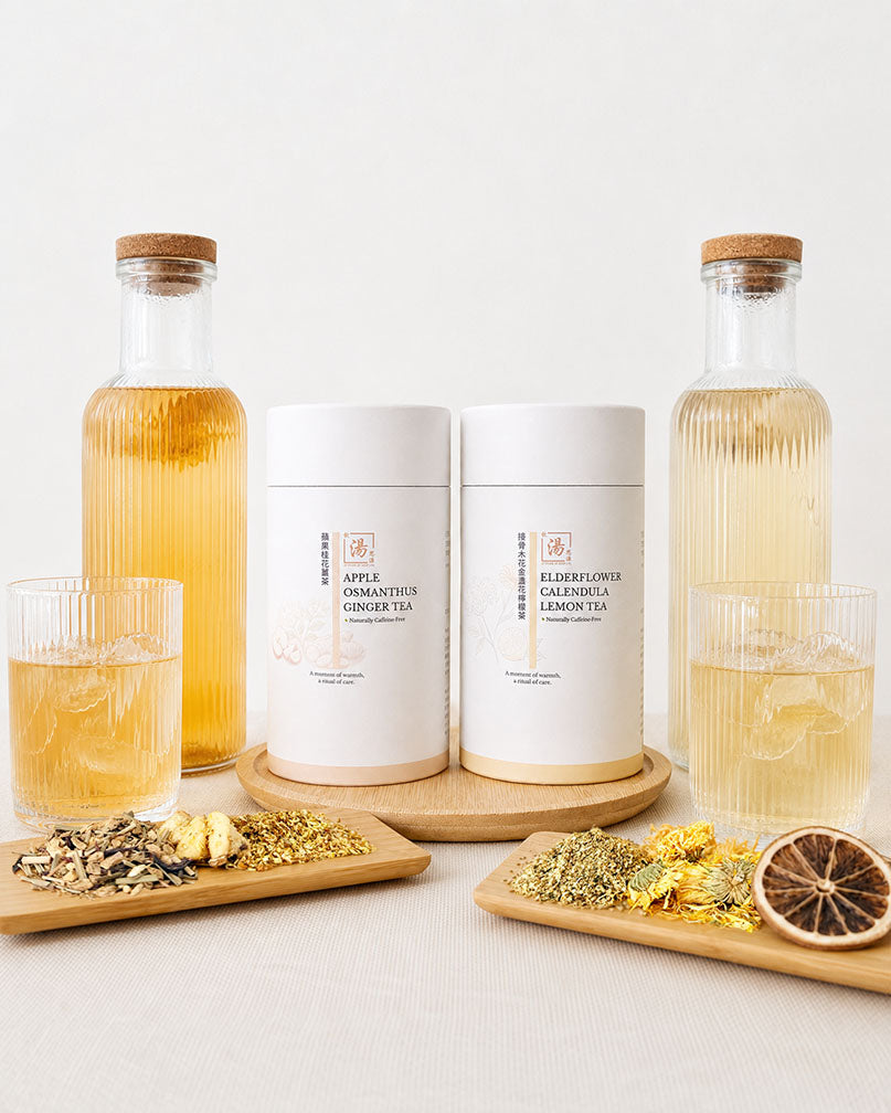 Easy Daily Drinks caffeine-free flower tea duo with cold brew bottles, tea glasses, and dried floral ingredients 輕鬆.飲零咖啡因花茶雙茶套裝,配以冷泡茶瓶、茶杯及乾燥花茶材料