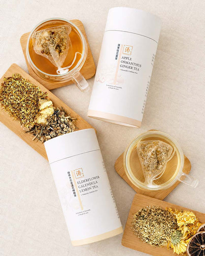 Easy Daily Drinks Duo with Apple Osmanthus Ginger Tea and Elderflower Calendula Lemon Tea, served with hot brewed floral teas and natural ingredients 輕鬆．飲雙茶套裝，包含蘋果桂花薑茶及接骨木花金盞花檸檬茶，配以熱泡花茶及天然材料